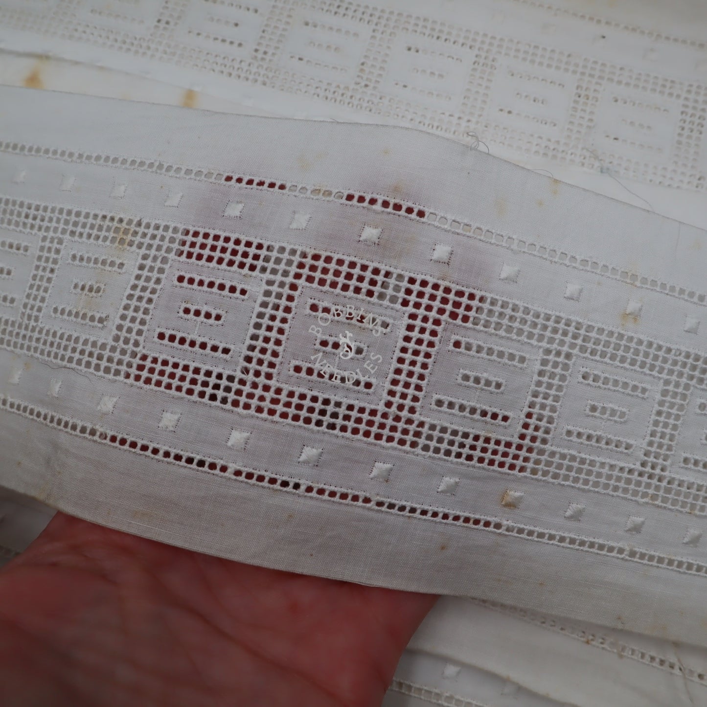 18m Antique Whitework Cotton Panel Trim – Geometric Cutwork Embroidery - Bobbins&Needles