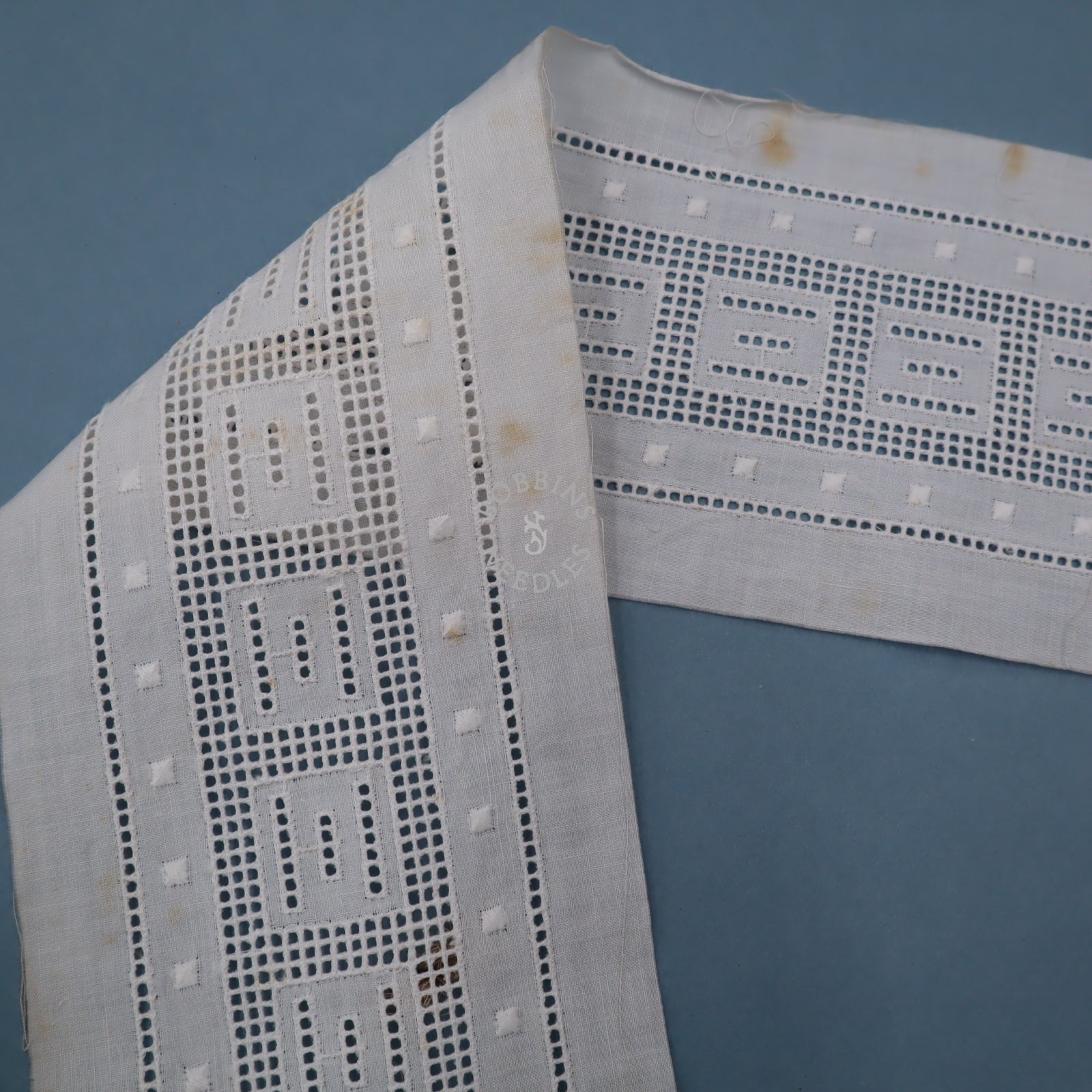 18m Antique Whitework Cotton Panel Trim – Geometric Cutwork Embroidery - Bobbins&Needles