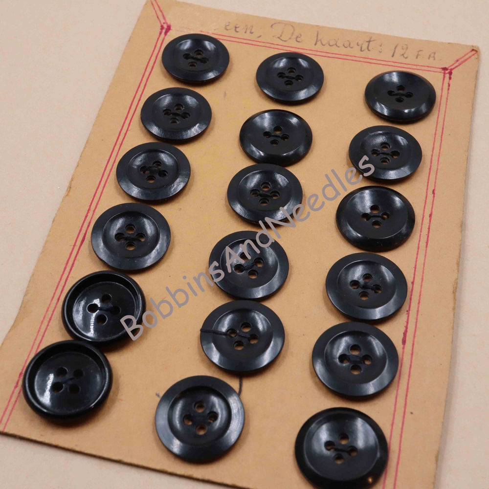 Vintage Card with 18 Bone Buttons Ø 19 mm Round Black