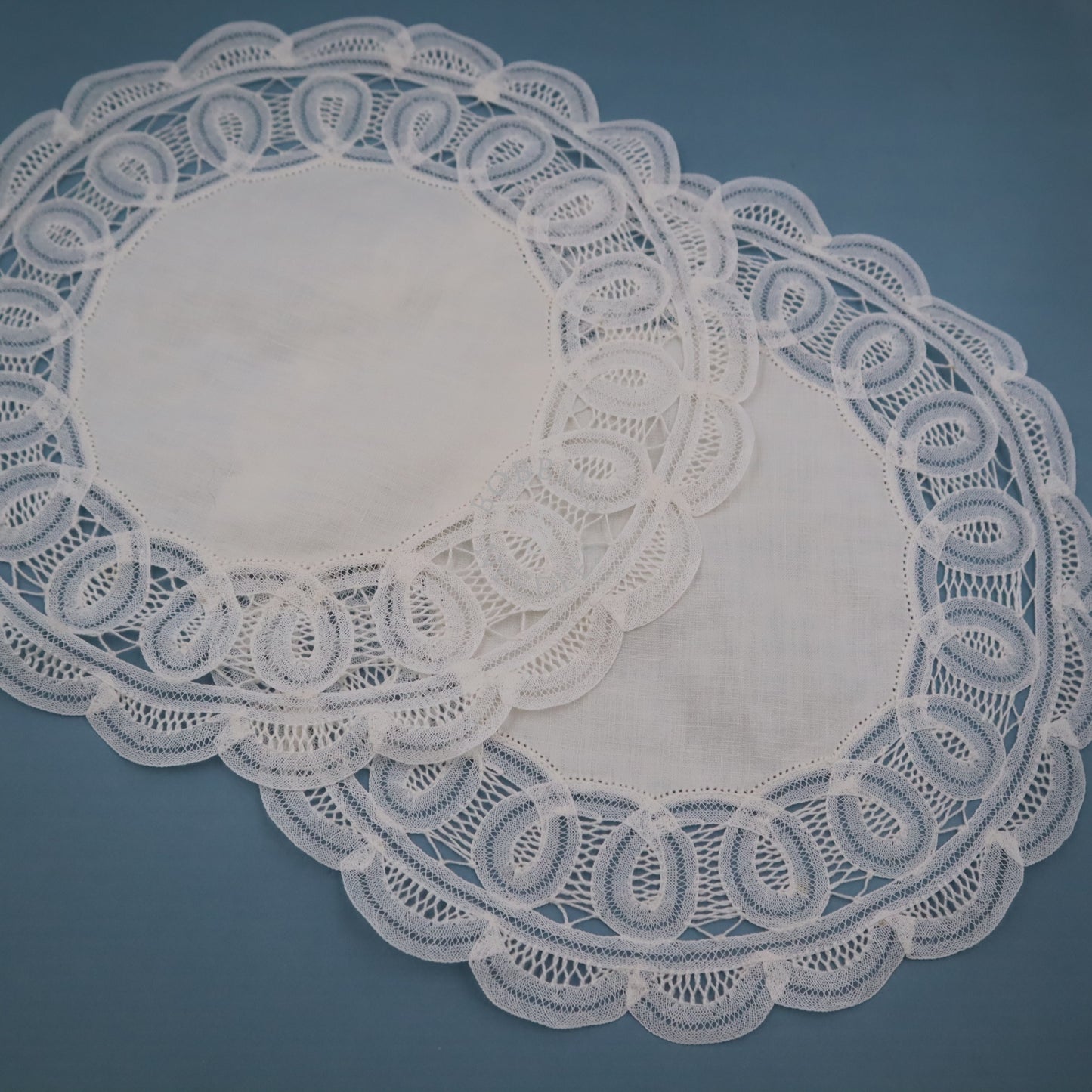 Set of 2 Vintage Belgian Linen Doilies with Handmade Tape Lace Border – Round White Lace Mats