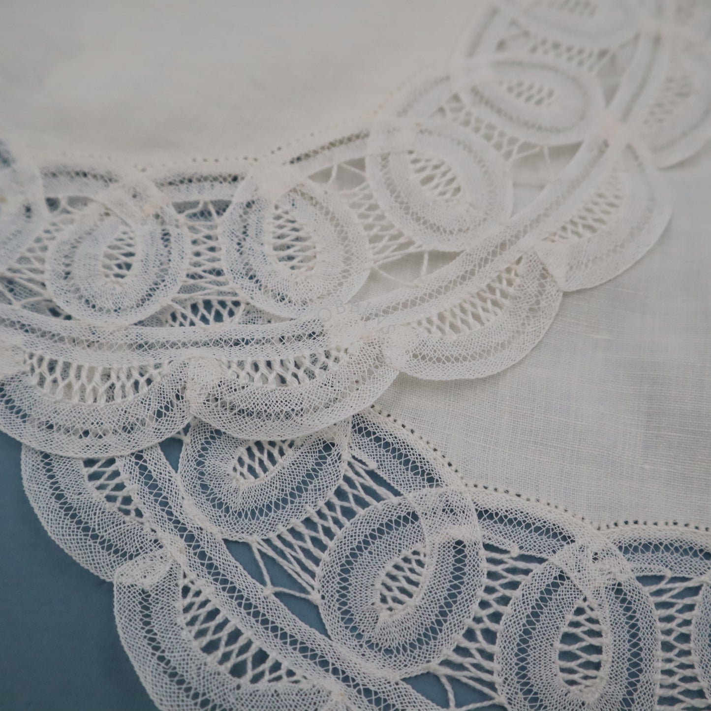 Set of 2 Vintage Belgian Linen Doilies with Handmade Tape Lace Border – Round White Lace Mats