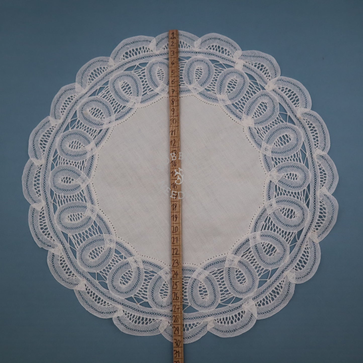 Set of 2 Vintage Belgian Linen Doilies with Handmade Tape Lace Border – Round White Lace Mats