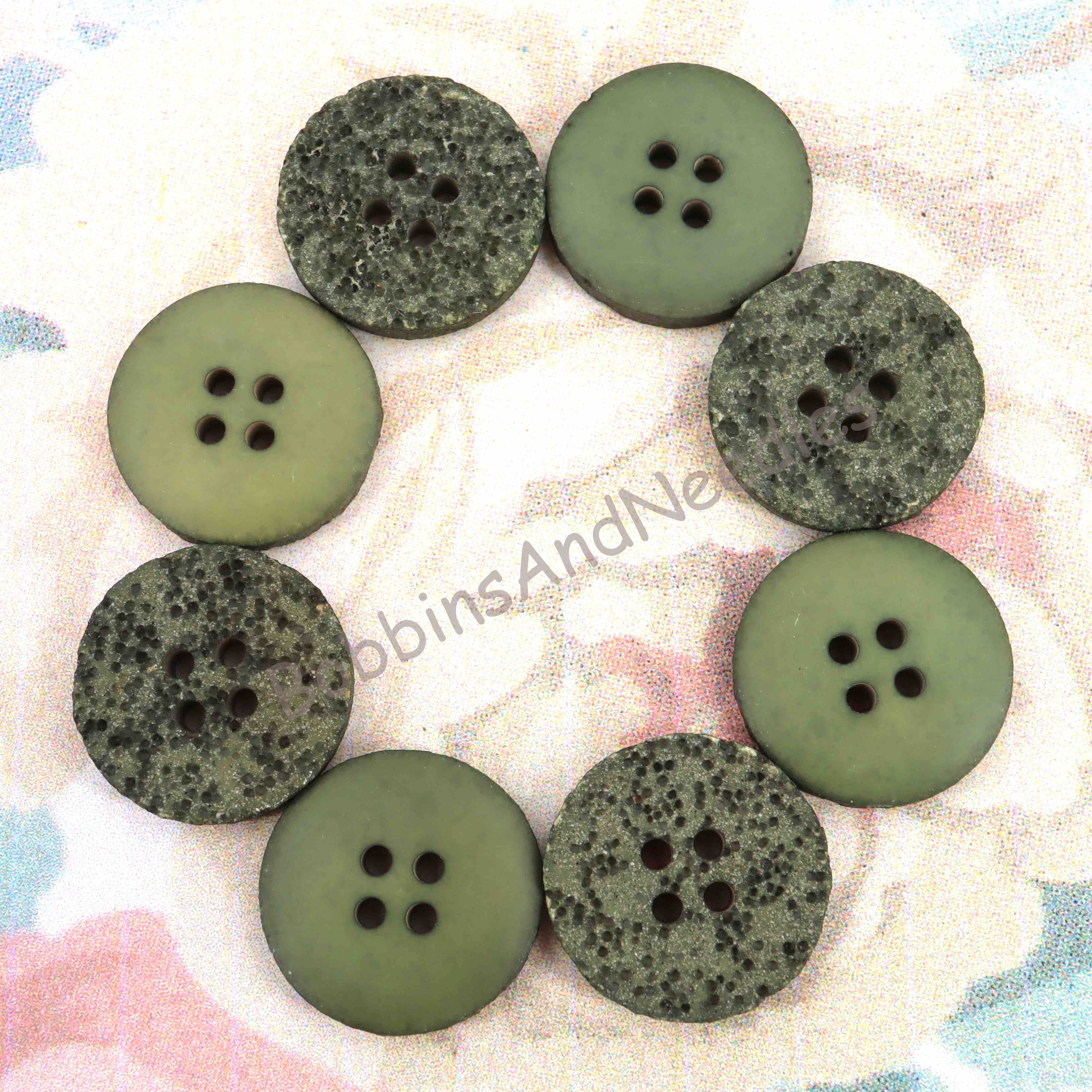 Set of 8 Galalith Buttons Ø 21mm Olive Green Grainy Textured