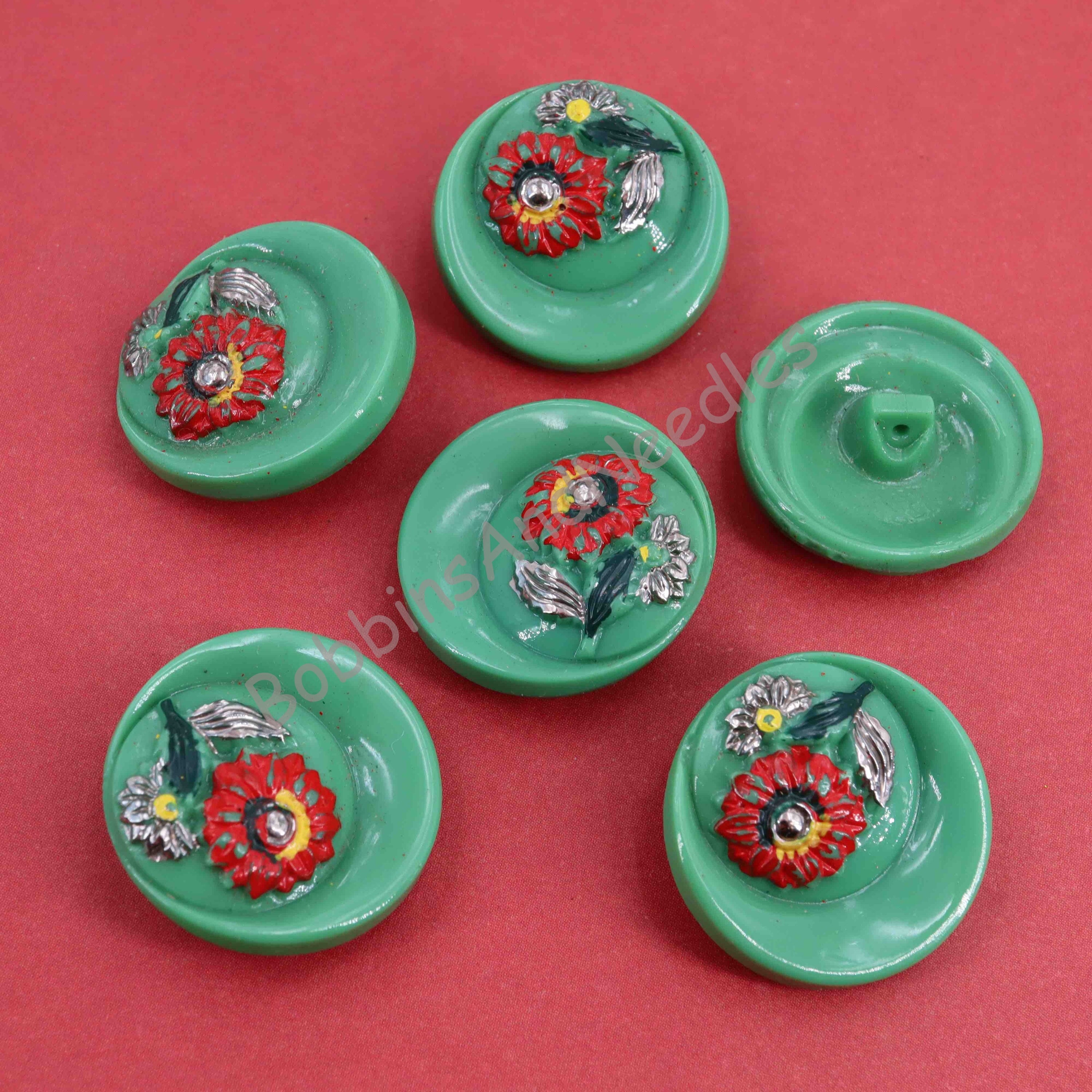 Set of 6 Couture Buttons Ø 23 mm Casein - Floral Design in Green & Red