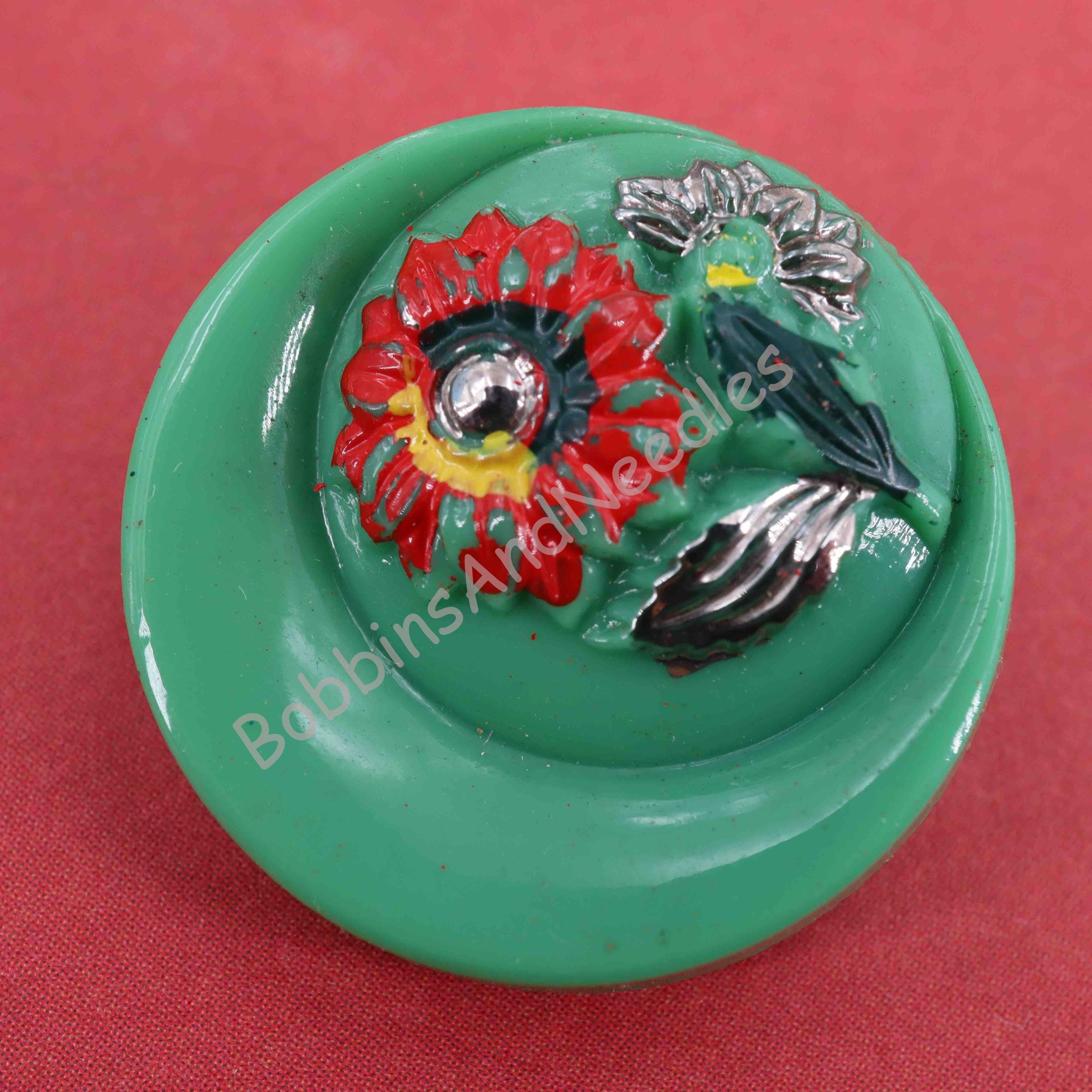 Set of 6 Couture Buttons Ø 23 mm Casein - Floral Design in Green & Red