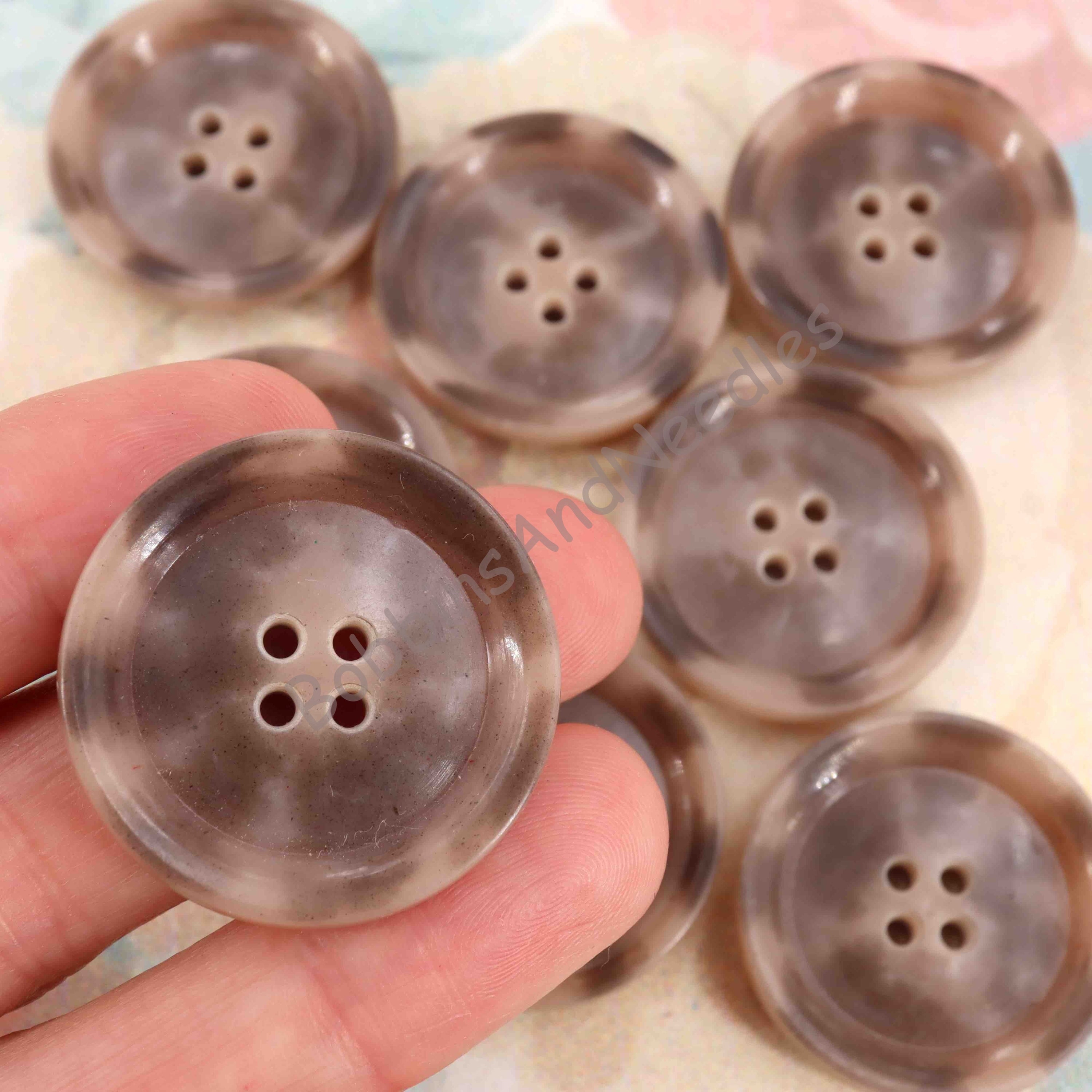 Set of 8 Vintage Galalith Buttons Ø 30 mm Brown and Beige with Rim