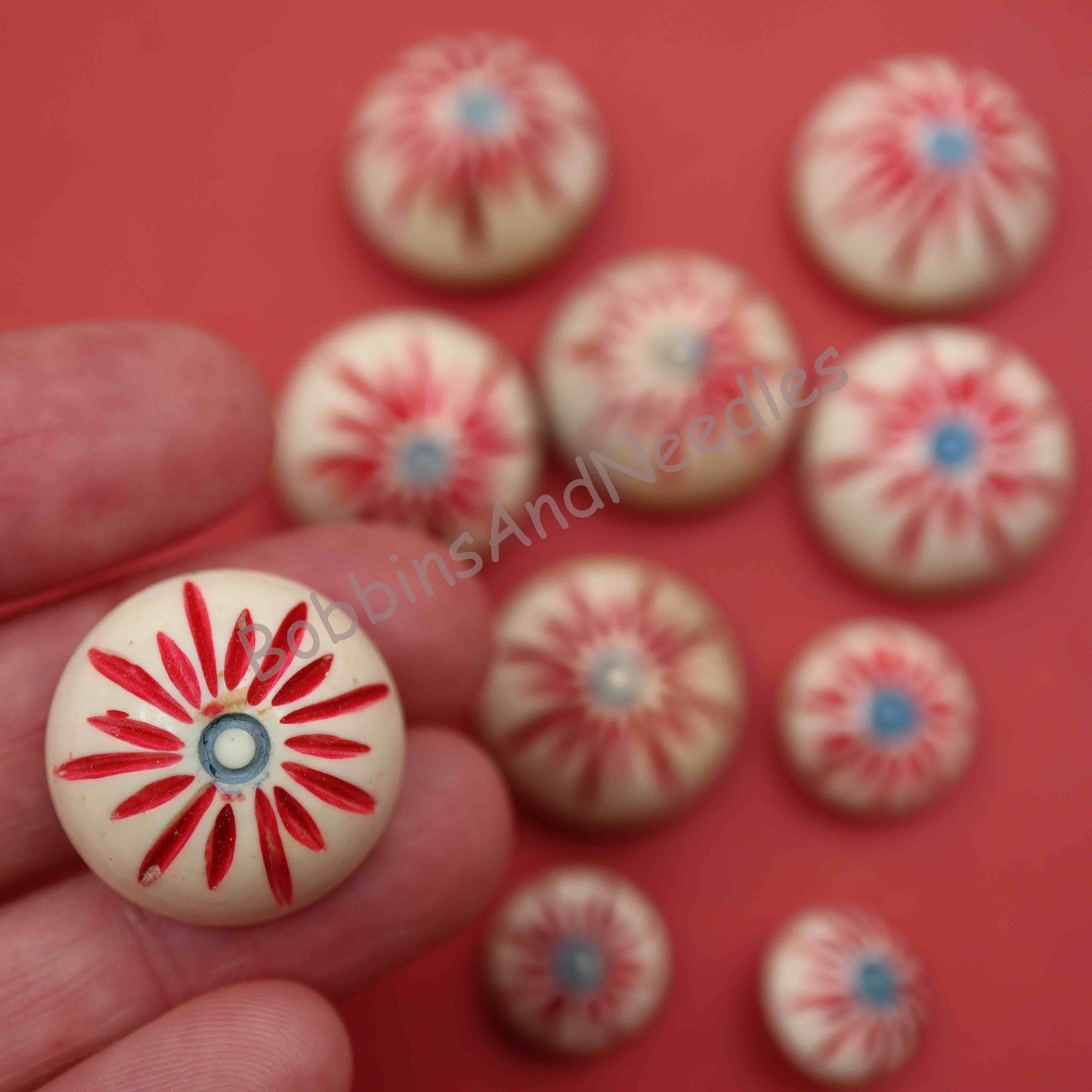 Set of 10 Vintage Couture Casein Buttons - Red Floral Design, Dome Shape