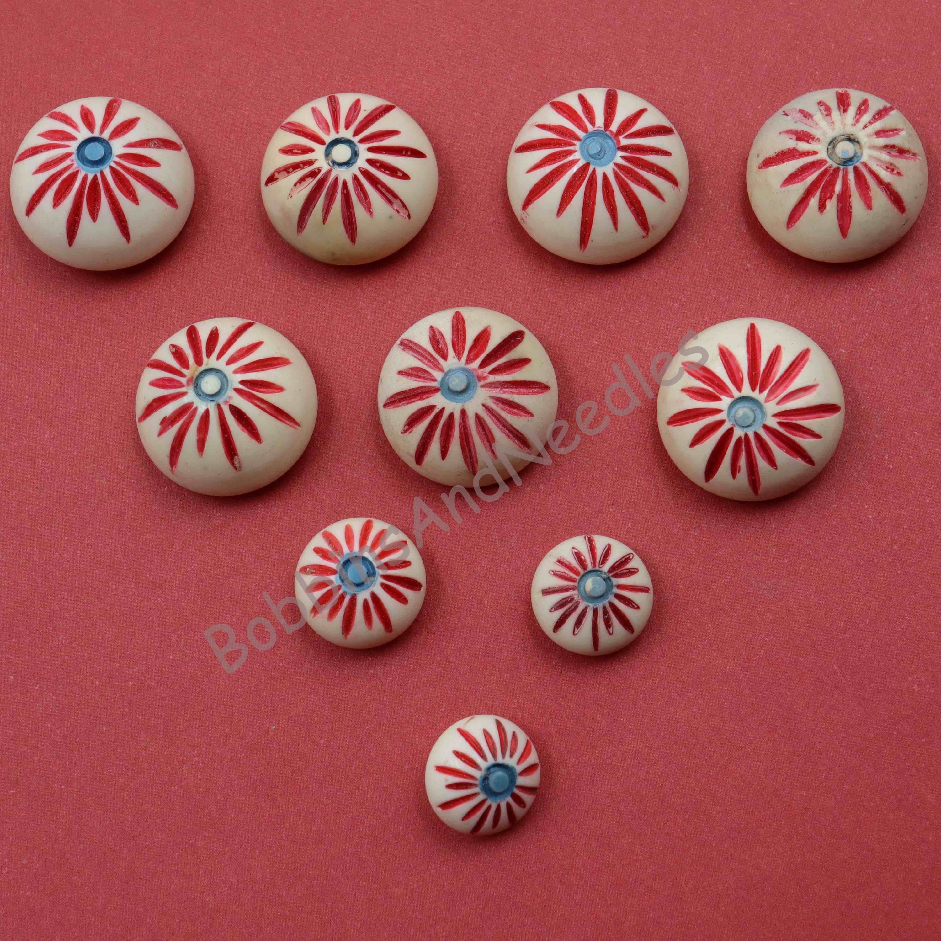 Set of 10 Vintage Couture Casein Buttons - Red Floral Design, Dome Shape