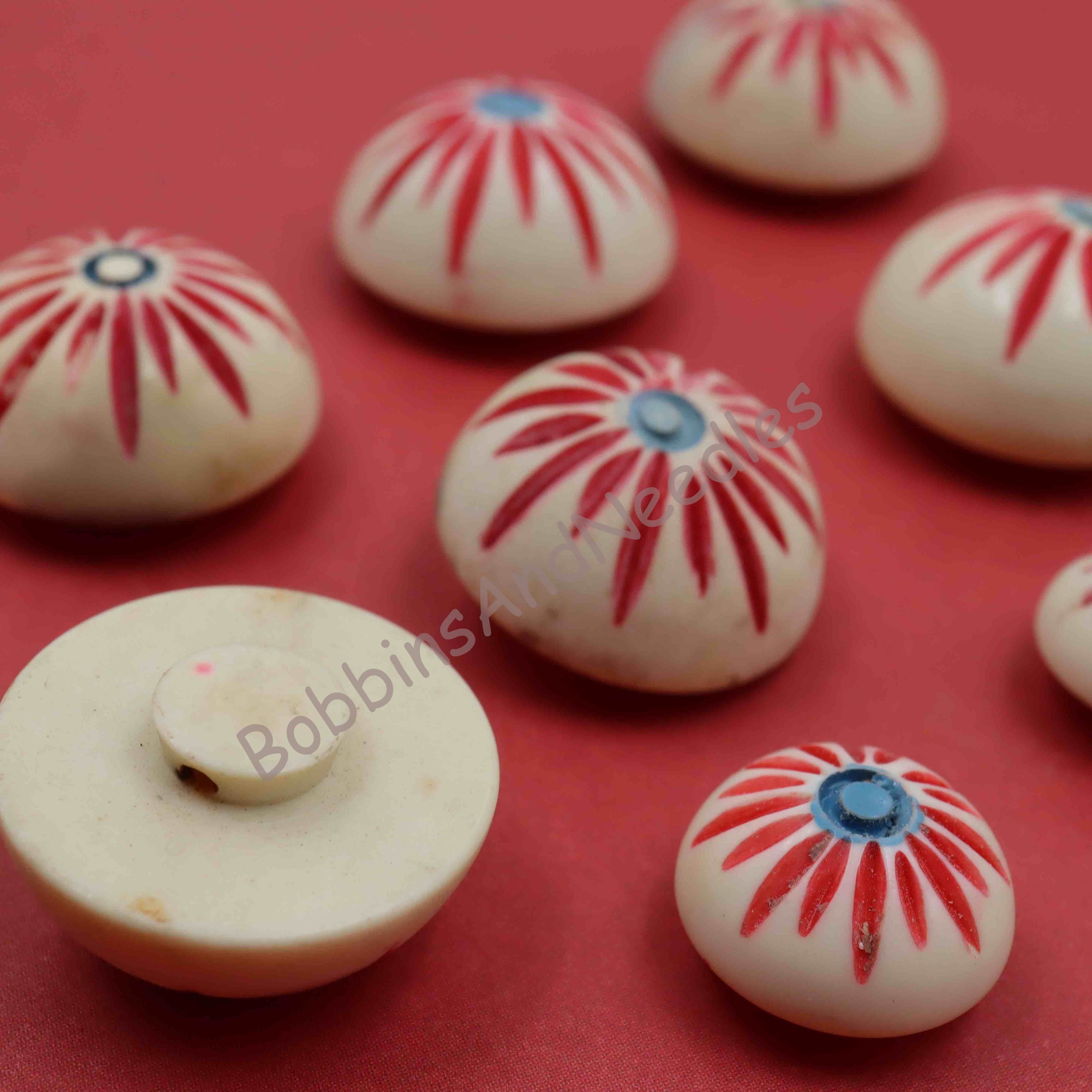 Set of 10 Vintage Couture Casein Buttons - Red Floral Design, Dome Shape