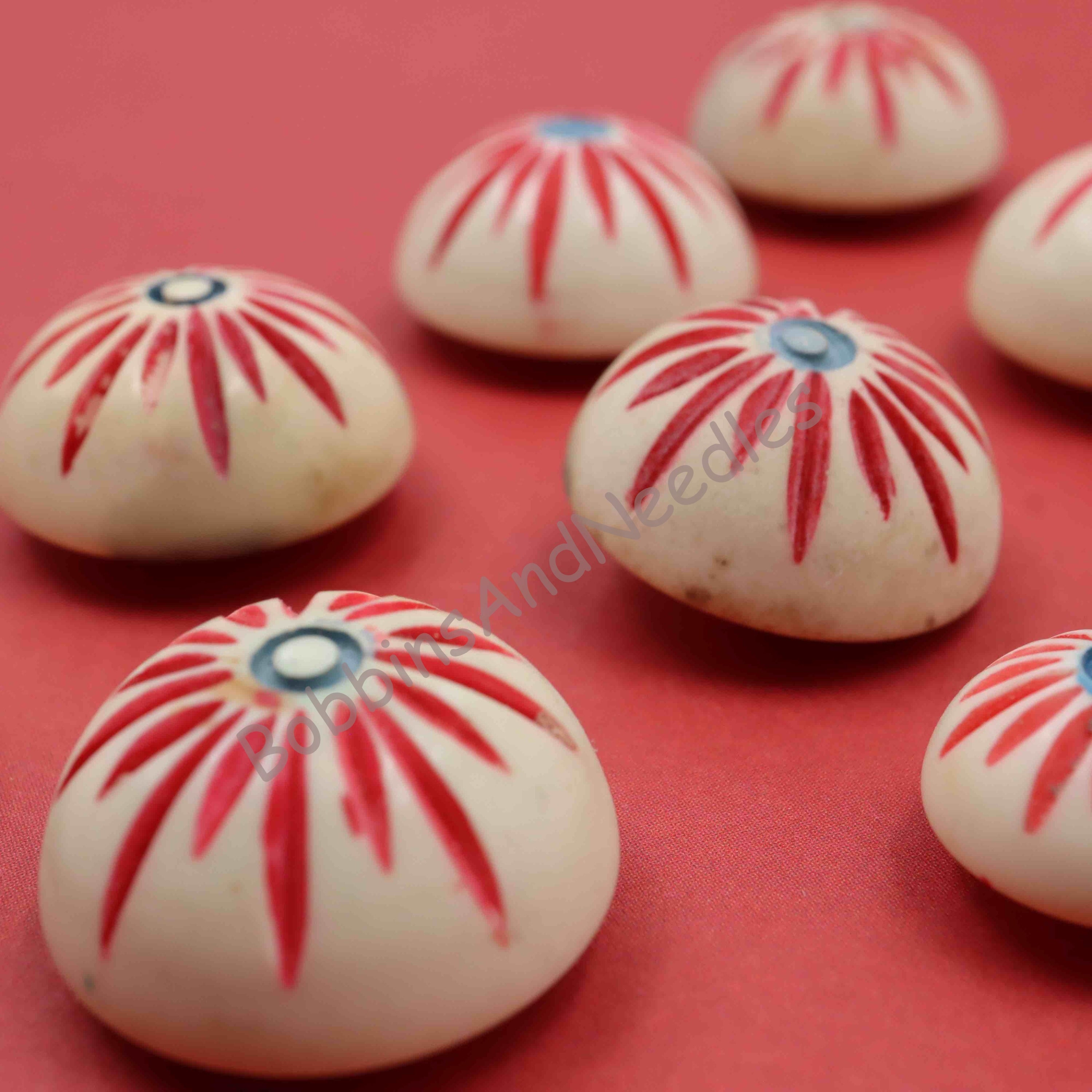 Set of 10 Vintage Couture Casein Buttons - Red Floral Design, Dome Shape